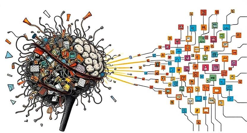 Illustration of a brain made from tangled wires, gears, and electronic parts, transforming into colorful digital icons, symbolizing data processing.