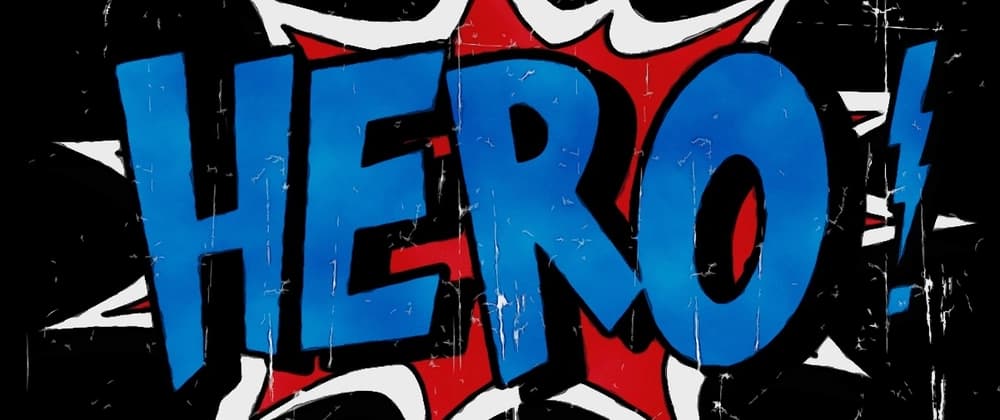 Comic-style graphic with the word "HERO!" in bold blue letters, outlined in black and red, on a black background, featuring dynamic, explosive shapes.