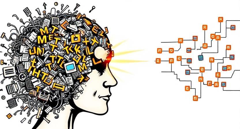 Illustration of a human head filled with tangled letters and gadgets, emitting beams towards a branching network of orange nodes, symbolizing complex thinking.
